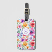 Étiquette À Bagage Aquarelle florale Monogramme personnalisé (Devant Vertical)