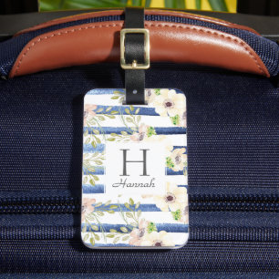 Étiquette À Bagage Aquarelle Florale Monogramme Rayures personnalisée