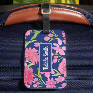 Étiquette À Bagage Aquarelle florale rose personnalisée sur marine