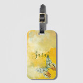 Étiquette À Bagage Aquarelle jaune Monogramme Nom Tie Dye Papillon (Devant Vertical)