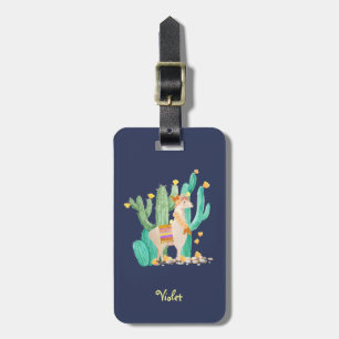 Étiquette À Bagage Aquarelle Llama et Cactus Bleu Personnalisé