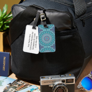 Étiquette À Bagage Aquarelle Mandala en Turquoise et violet