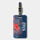 Étiquette À Bagage Aquarelle Monogramme Floral Bleu Denim et Rose Rou (Devant Vertical)