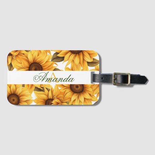 Étiquette À Bagage Aquarelle Motif de tournesol jaune avec nom (Devant Horizontal)
