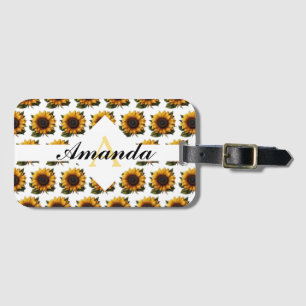 Étiquette À Bagage Aquarelle Motif de tournesol jaune monogramme