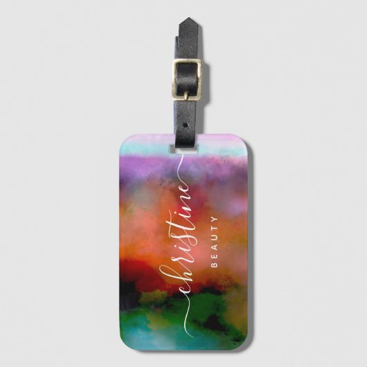 Étiquette À Bagage Aquarelle orange rose chic Script Abstrait (Devant Vertical)