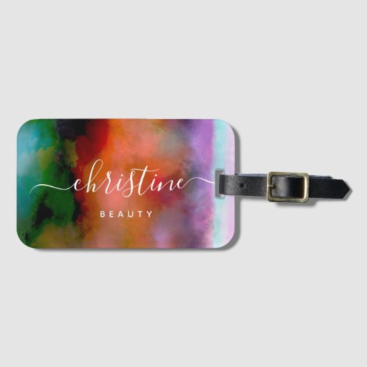 Étiquette À Bagage Aquarelle orange rose chic Script Abstrait (Devant Horizontal)