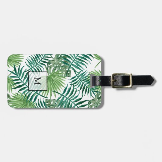 Étiquette À Bagage Aquarelle palmier tropical feuille monogrammed (Devant horizontal)