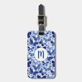 Étiquette À Bagage Aquarelle papillon Monogramme bleu (Devant Vertical)