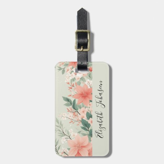 Étiquette À Bagage Aquarelle Pêche Fuzz Fleurs vertes Nom du script (Devant Vertical)