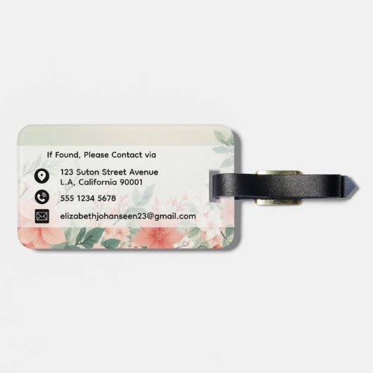 Étiquette À Bagage Aquarelle Pêche Fuzz Fleurs vertes Nom du script (Dos horizontal)