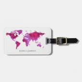 Étiquette À Bagage Aquarelle personnalisée Carte du monde rose blanc (Devant horizontal)