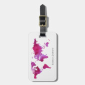Étiquette À Bagage Aquarelle personnalisée Carte du monde rose blanc (Devant Vertical)