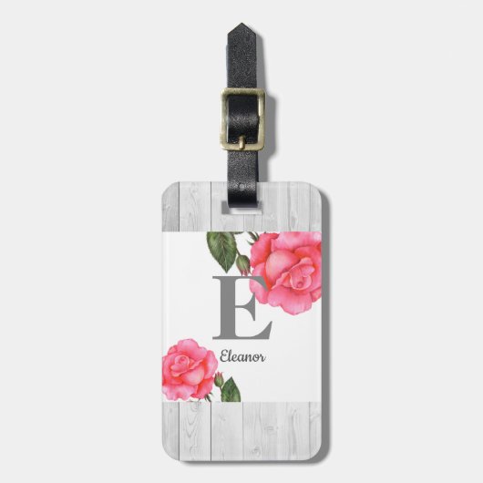 Étiquette À Bagage Aquarelle personnalisée Roses roses rose Monogramm (Devant Vertical)
