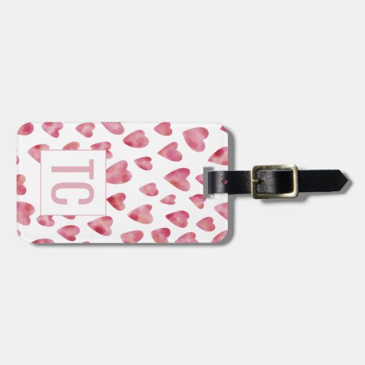 Étiquette À Bagage Aquarelle rose Aimer Coeur Monogramme Lune de miel (Devant horizontal)