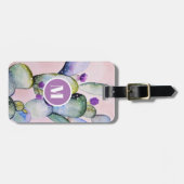 Étiquette À Bagage Aquarelle rose Cactus & Fleurs | Monogramme (Devant horizontal)