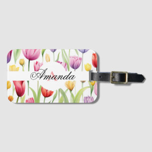 Étiquette À Bagage Aquarelle rose et blanc Motif de tulipe monogramme