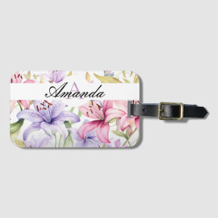 Étiquette À Bagage Aquarelle rose et violet Lily Motif Monogramme