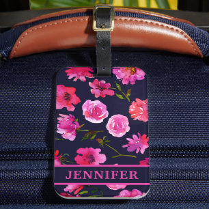 Étiquette À Bagage Aquarelle rose Fille Floral Nom personnalisé