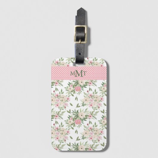 Étiquette À Bagage Aquarelle rose Floral Monogramme Polkadot (Devant Vertical)