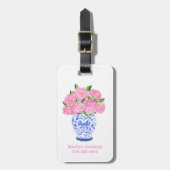Étiquette À Bagage Aquarelle rose Hydrangea Chinoiserie Nom Numéro (Devant Vertical)