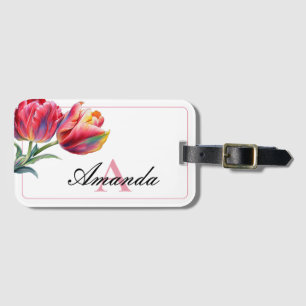 Étiquette À Bagage Aquarelle rose Nom monographique Tulip