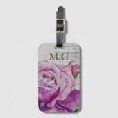 Étiquette À Bagage Aquarelle rustique violet Rose Monogramme bois (Devant Vertical)