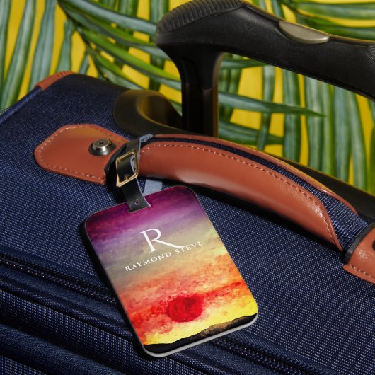 Étiquette À Bagage Aquarelle Sunset Mountains Monogramme (Insitu Rectoal 1)