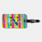 Étiquette À Bagage Aquarelle texture colorée bleu blanc Monogramme (Dos horizontal)