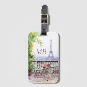 Étiquette À Bagage Aquarelle Tour Eiffel Paris Café Français Monogram (Devant Vertical)