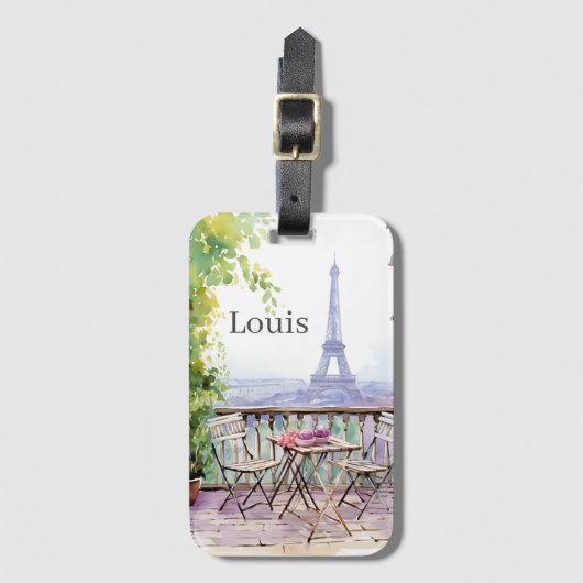 Étiquette À Bagage Aquarelle Tour Eiffel Paris Café français Nom (Devant Vertical)