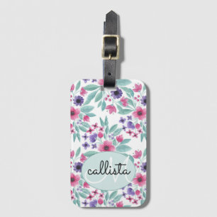 Étiquette À Bagage Aquarelle Turquoise rose Fille Monogramme Floral