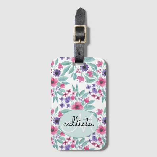 Étiquette À Bagage Aquarelle Turquoise rose Fille Monogramme Floral (Devant Vertical)
