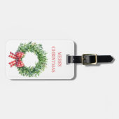 Étiquette À Bagage Aquarelle Verte Avec Bow En vichy Rouge (Devant horizontal)