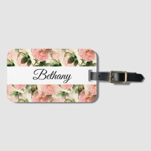 Étiquette À Bagage Aquarelle Vintage Rose Motif de fleurs Monogramme 