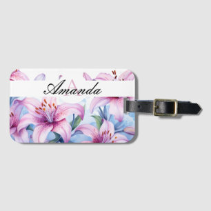 Étiquette À Bagage Aquarelle violet et blanc Motif Lily