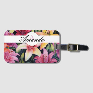 Étiquette À Bagage Aquarelle violet et jaune Lily Motif Monogramme