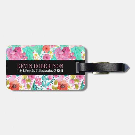 Étiquette À Bagage Aquarelles colorées Fleurs Monogrammes (Dos horizontal)