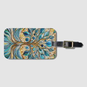 Étiquette À Bagage Arbre de Vie Mosaïque de Verre Brisé Bleus Aqua