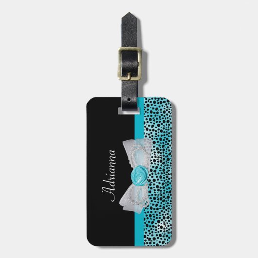 Étiquette À Bagage Arc froncé et nom de turquoise d'impression mignon (Devant Vertical)