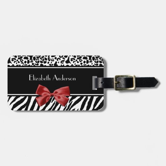Étiquette À Bagage Arc rouge de léopard d'impression noir et blanc à (Devant horizontal)