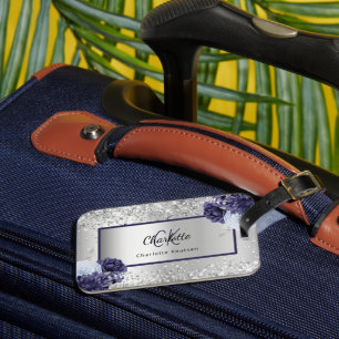 Étiquette À Bagage Argent bleu marine florales élégant nom monogramme