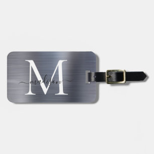 Étiquette À Bagage Argent Gris brossé métal Script Monogramme mou