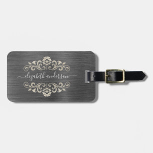 Étiquette À Bagage Argent gris brossé Monogramme de métal Nom Script