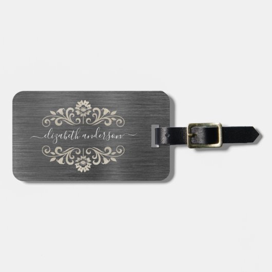 Étiquette À Bagage Argent gris brossé Monogramme de métal Nom Script (Devant horizontal)