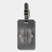 Étiquette À Bagage Argent gris brossé Monogramme de métal Nom Script (Devant Vertical)