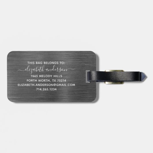 Étiquette À Bagage Argent gris brossé Monogramme de métal Nom Script (Dos horizontal)