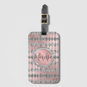 Étiquette À Bagage Argent rose brillant Arlequin Monogramme