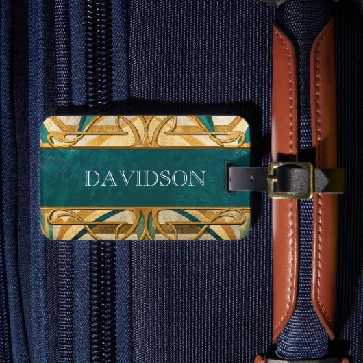 Étiquette À Bagage Art Deco Green and Gold Stripes Personalized (Insitu Rectoal 4)