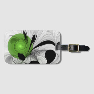Étiquette À Bagage Art fractal abstrait noir et blanc avec du vert